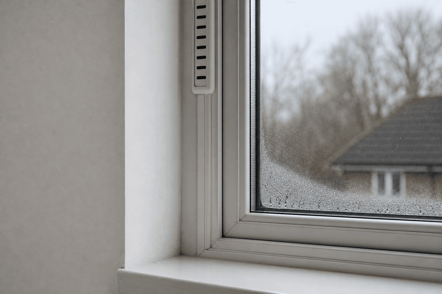 Window reveal and ventilation detail in an illustrative UK rented room
